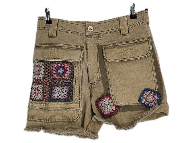 Free People Beige gemusterte Denim-Shorts