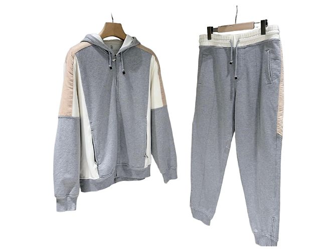 Brunello Cucinelli Set Pantaloni e Felpa con Cappuccio e Zip in Cotone Training Grigio Marrone