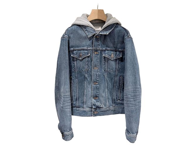 Céline Hood Back Logo Denim Trucker Jacket Blue