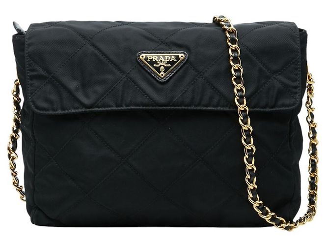 Prada Triangle Logo Plate Schultertasche mit Kette Schwarz Golden