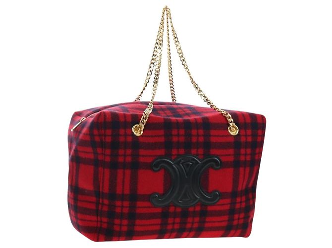 Céline Bolsa CELINE Triomphe Chain Large Pliage Patapan em lã vermelha e ouro Auth 194727SAM Vermelho Dourado
