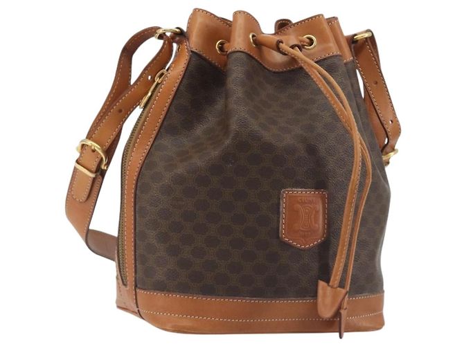 Céline Bolsa de Ombro CELINE Macadam Canvas PVC Couro Marrom Dourado Auth 194254A