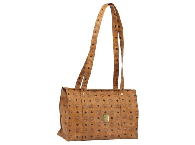 Saco Tote MCM Vicetos PVC Couro Marrom Tom Dourado Auth 195384