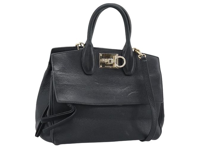 Borsa Salvatore Ferragamo Gancini Studio in pelle 2way Nero Oro Auth 195088 D'oro