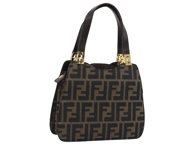 FENDI Zucca Canvas Handtasche Braun Goldfarben Auth 194558V