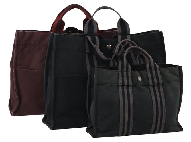 Hermès Borsa HERMES Fourre Tout in cotone Set di 3 Nero Rosso Auth 192553