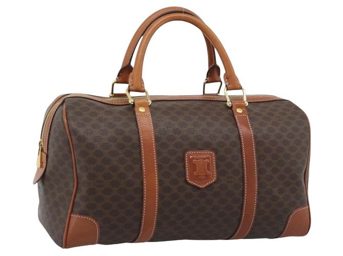 Céline Bolsa Boston CELINE Macadam Canvas PVC Couro Marrom Dourado Auth 194340A