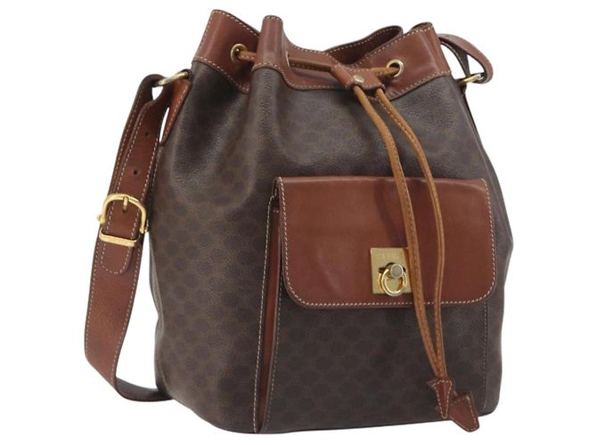 Céline Bolsa de Ombro CELINE Macadam PVC Couro Marrom Tom Dourado Auth 196099