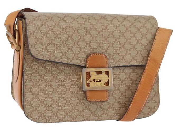 Céline Bolsa de Ombro CELINE Macadam Canvas PVC Bege Gold Auth 195634 Dourado