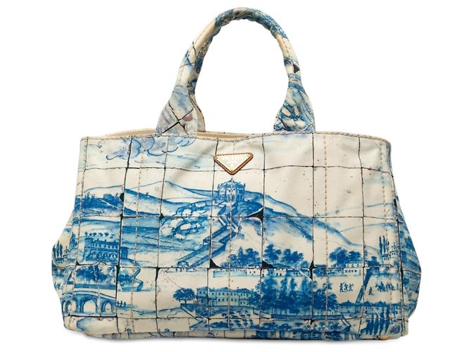 Borsa Satchel Prada Large Canvas Canapa Azulejos Blu