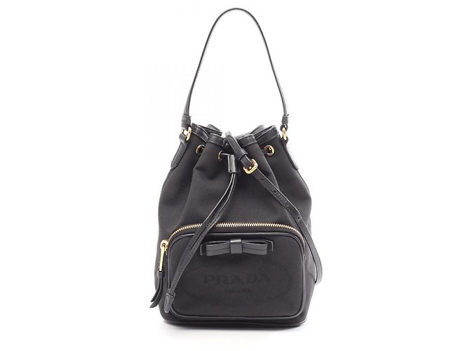 Prada LOGO JACQUARD Drawstring Handbag Black