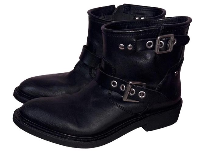 Golden Goose Black leather biker boots with buckles