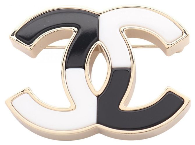 Chanel Coco Mark Brosche Accessoire Schwarz Weiß Golden 