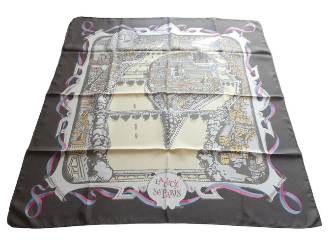 Hermès Lenço de seda "La Cité de Paris" com caixa Marrom Rosa Branco Azul Cinza