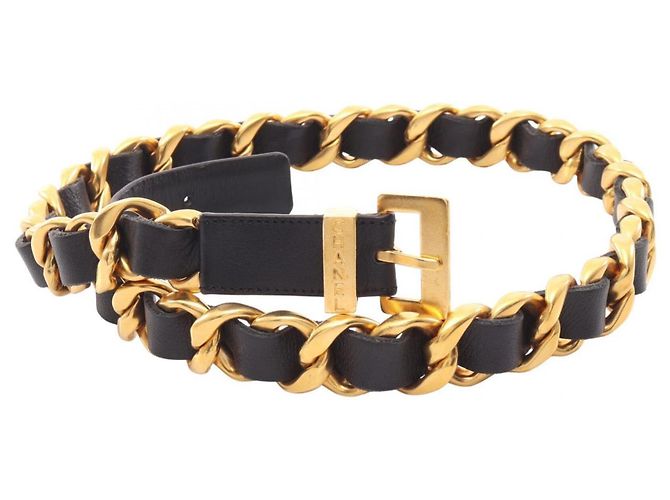 Cinto de corrente em couro Chanel Preto Dourado