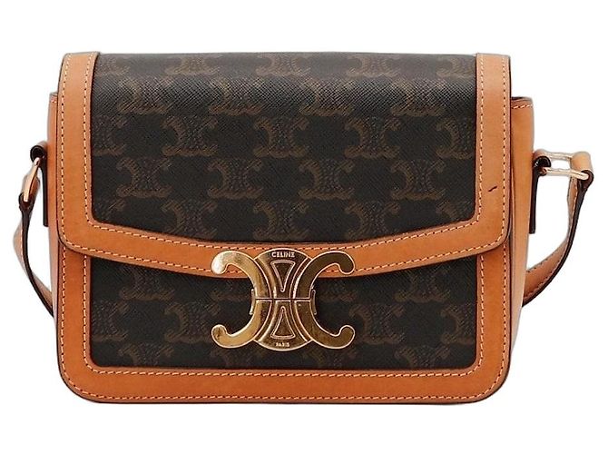Céline Bolsa Pequena Celine Triomphe em Lona e Couro Tan Marrom Monograma