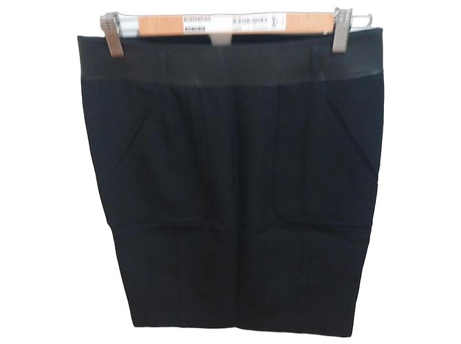 Saia Prada em lã preta com detalhes em pele Preto