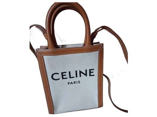 Céline Saco cabas CELINE em lona e couro Marrom Branco