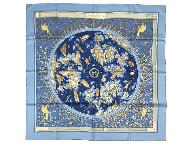 Hermès Hermes Carre 90 World Map Seidentuch Blau Mehrfarben