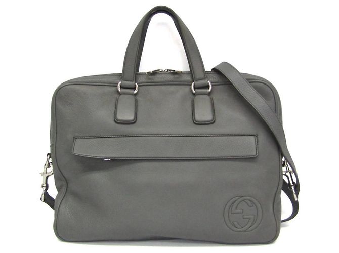 Gucci Interlocking G Gray Leather Briefcase Brown