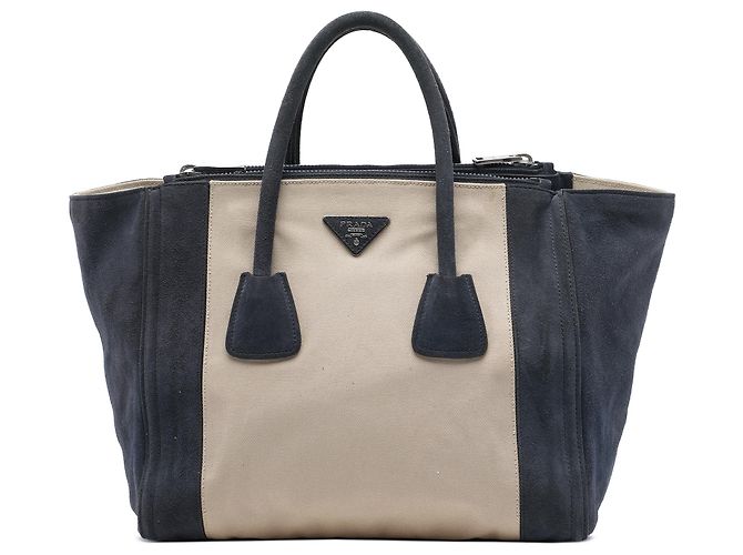 Double Bolsa Satchel Prada de Alça Dupla e Bolsos Gêmeos em Lona Bege e Camurça