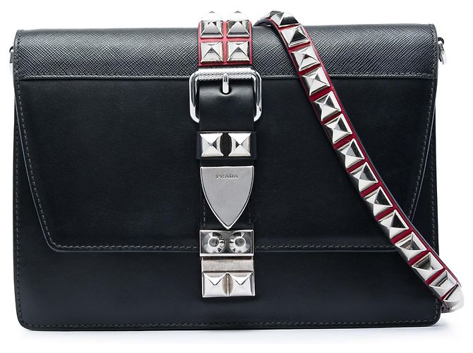 Borsa a tracolla Elektra Prada in vitello City e Saffiano con borchie nera Nero