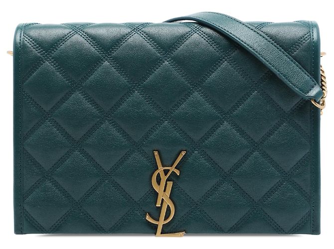 Bolsa de Ombro Saint Laurent Becky Mini em pele de cordeiro acolchoada Verde com corrente Verde escuro