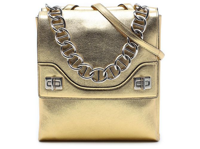 Double Bolsa Satchel Prada em couro metálico dourado com aba dupla e fecho rotativo