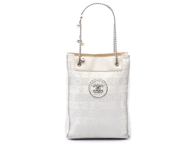Borsa Tote Chanel White CC Canvas Pearl Bianco