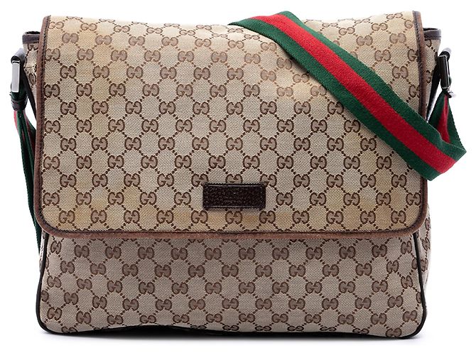 Bolso bandolera con solapa Gucci en lona GG beige y Web