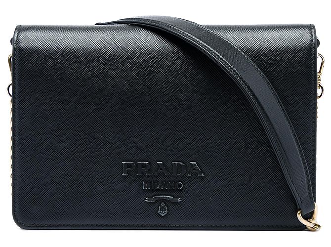 Prada Black Saffiano Lux Monochrome Wallet on Chain