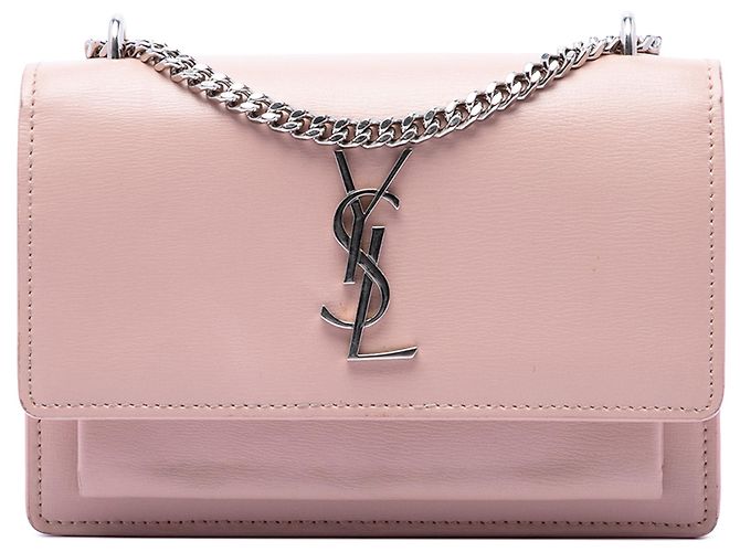 Saint Laurent Carteira Sunset Mini em couro de bezerro rosa com monograma e corrente