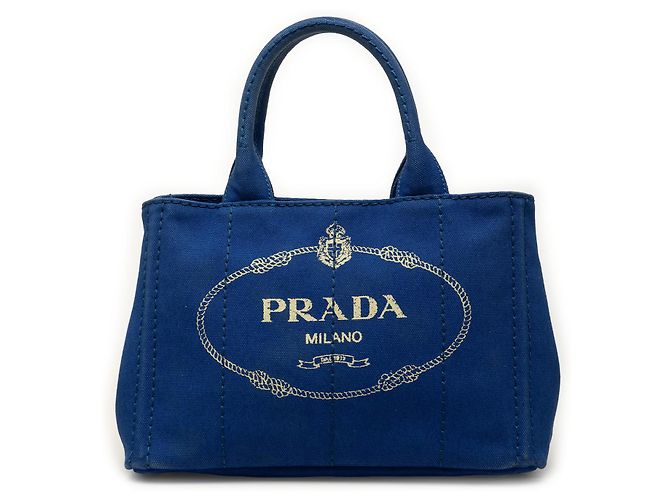 Borsa Tote Prada Blue Small Canvas Canapa Logo