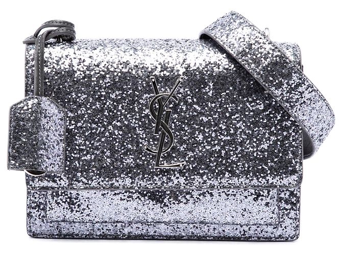 Saint Laurent Silver Small Glitter Leather Monogram Sunset Crossbody Prata