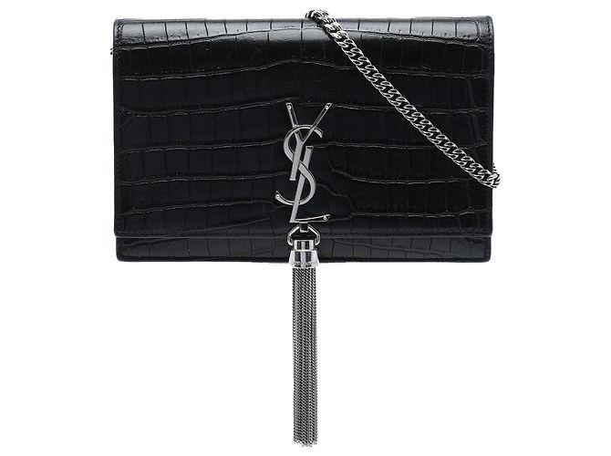 Saint Laurent Carteira com corrente Monogram Kate em couro com relevo de crocodilo preto