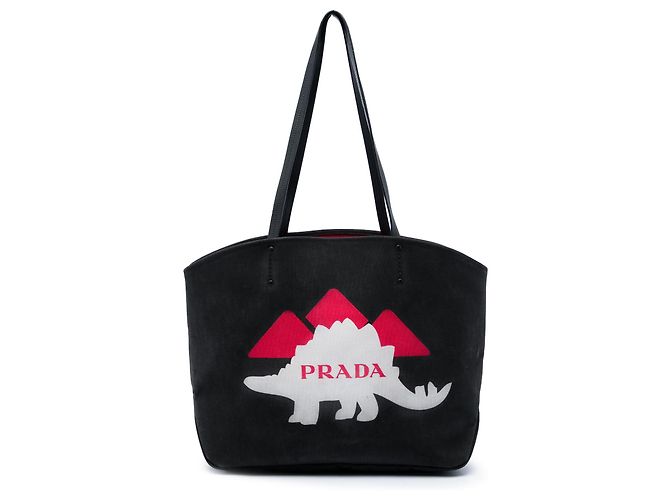 Prada Black Canvas Dinosaur Print Canapa Tote