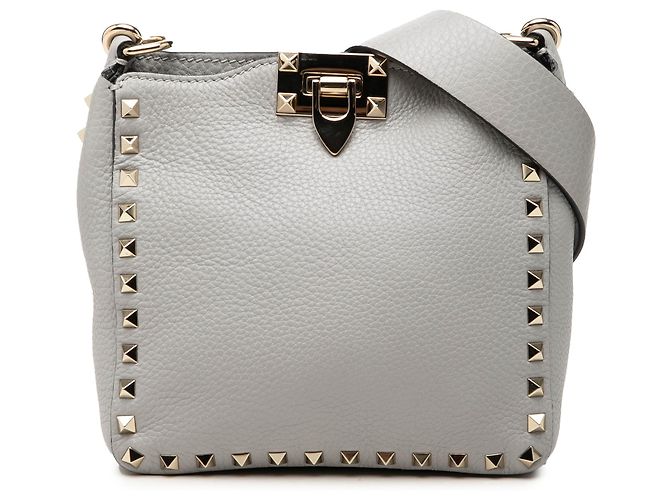 Bolsa de ombro Valentino Gray Mini em couro de bezerro granulado Rockstud com fecho flip lock