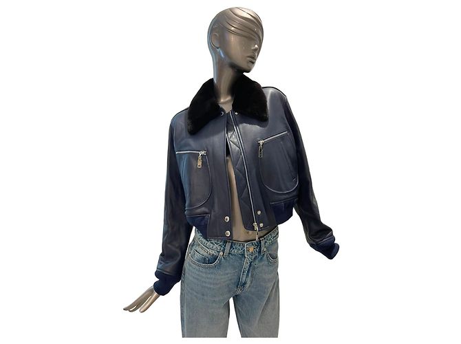 Louis Vuitton Navy Leather Bomber Jacket with Fur Collar Blue