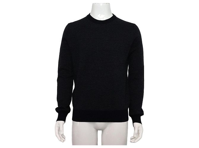 Hermès Dark Navy Wool Logo Pattern Men's Knit T-Shirt Blue