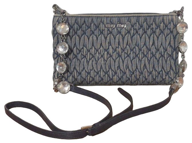 Miu Miu blue denim shoulder bag adorned with crystals