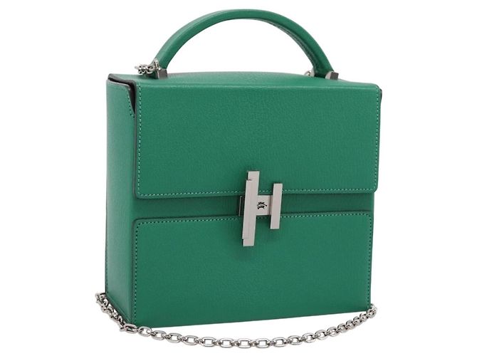 Hermès Bolsa de mão HERMES Synetique Chevre em couro verde prata Auth ka5671SAM