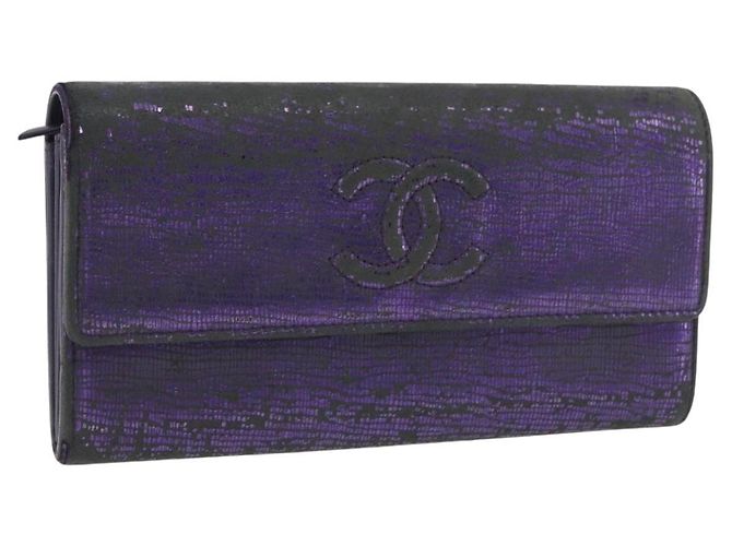 CHANEL Long Wallet Leather Purple CC Auth 196318