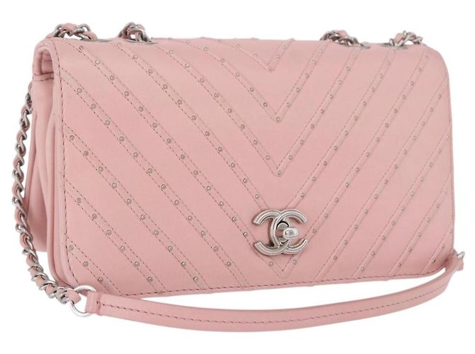 Borsa a tracolla CHANEL V Stitch Chain Studs in pelle d'agnello rosa argento CC Auth ka5624SAV