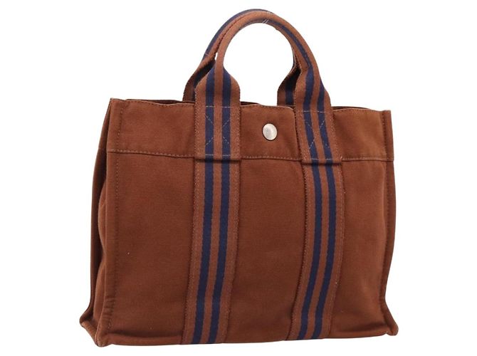 Hermès Sac à main HERMES Fourre Tout PM coton Brown Silver Auth BA14842 Marron Argenté