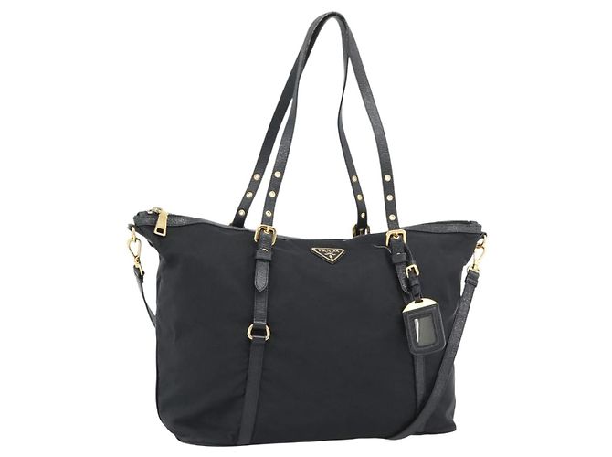 Borsa Tote PRADA Nylon 2way Black Gold Auth 196064 Nero D'oro