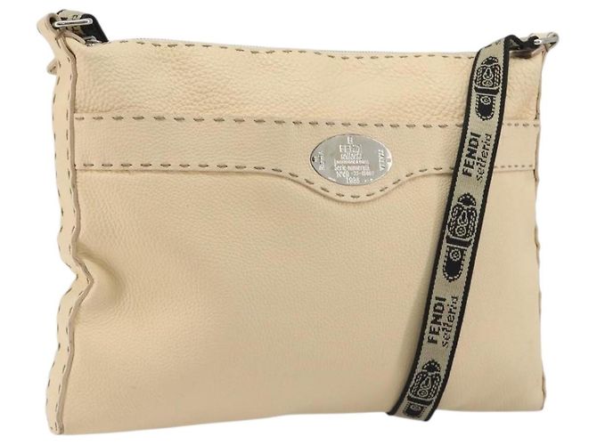 FENDI Celeria Shoulder Bag Leather Ivory Silver Auth 195647V Silvery Cream