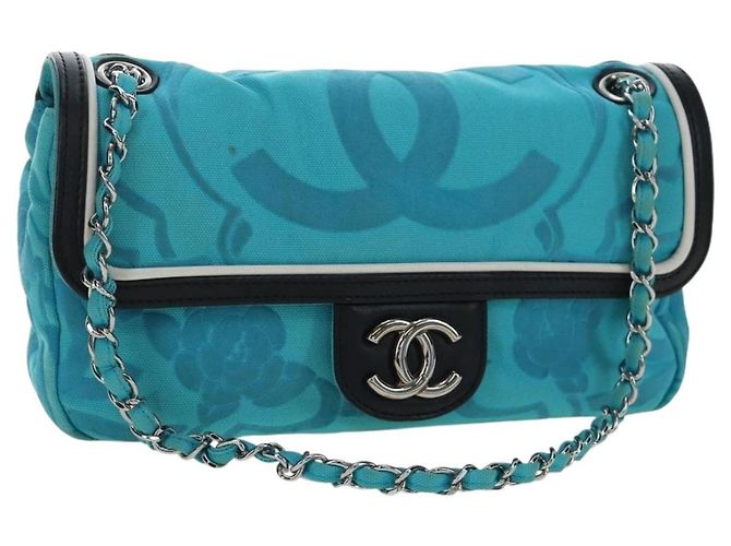 Borsa a tracolla con catena CHANEL Canvas Blu Turchese Argento CC Auth 195104M