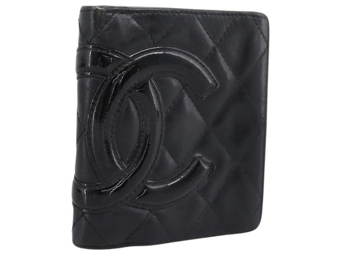 CHANEL Matelasse Cambon Line Bifold Wallet Leather Black Silver CC Auth 194479