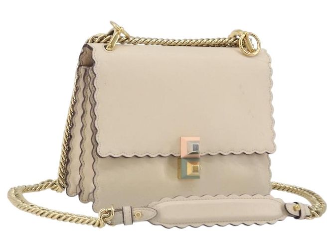 Bolsa de ombro com corrente FENDI em couro bege e ouro Auth bs36715 Dourado