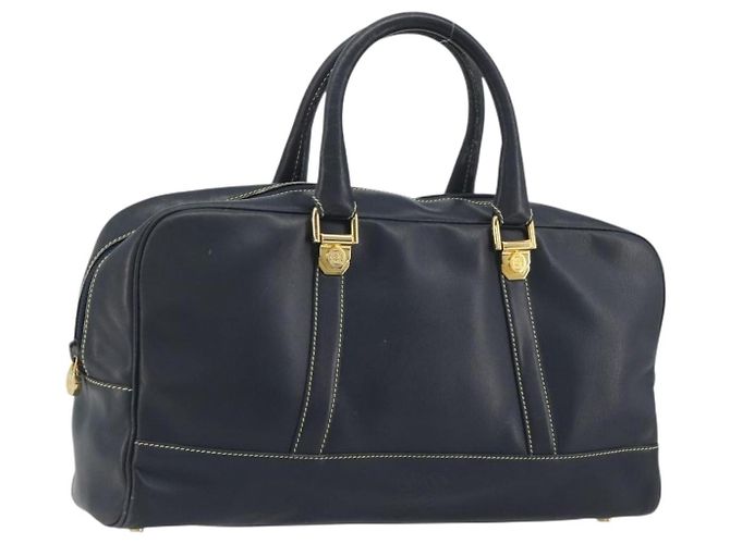 LOEWE Amazonas Bolsa de Mão Couro Marinho Dourado Auth 195648A Azul marinho